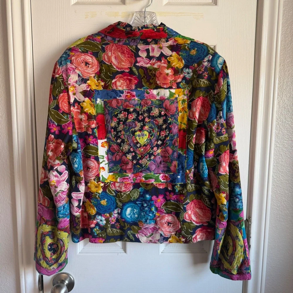 Sandy Starkman Art Jacket M Quilted Patchwork Hearts Floral Rayon Boho VTG - Picture 13 of 16
